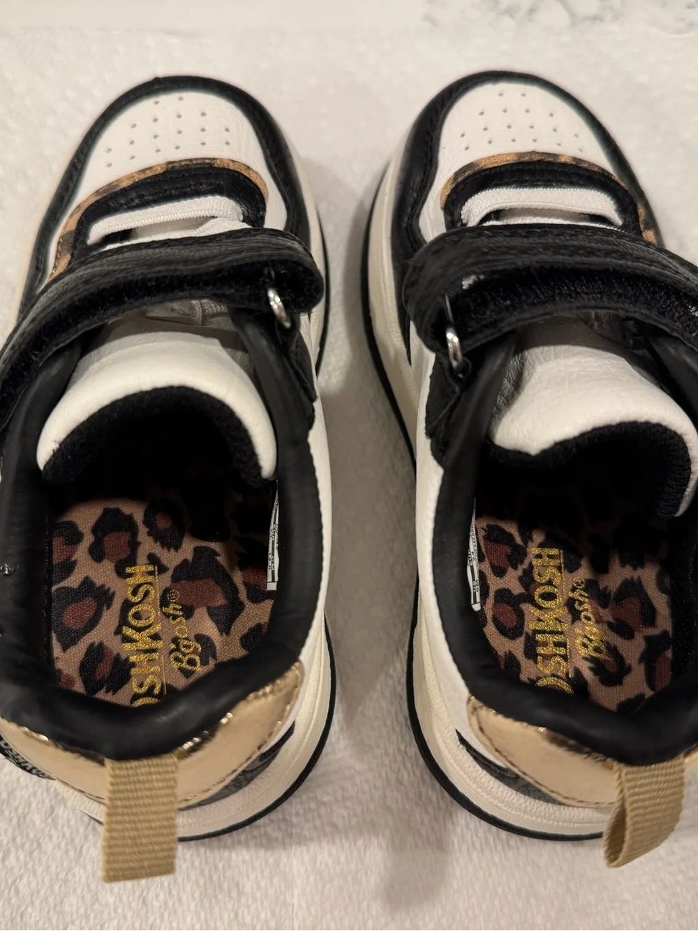 Kids Black and White Athletic Sneakers with Leopard Trim NEW